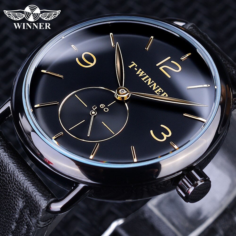 Winnaar Classic Black Golden Mechanische Horloges Top Luxe Mens Klok Waterdichte Kleine Wijzerplaat Zwart Lederen
