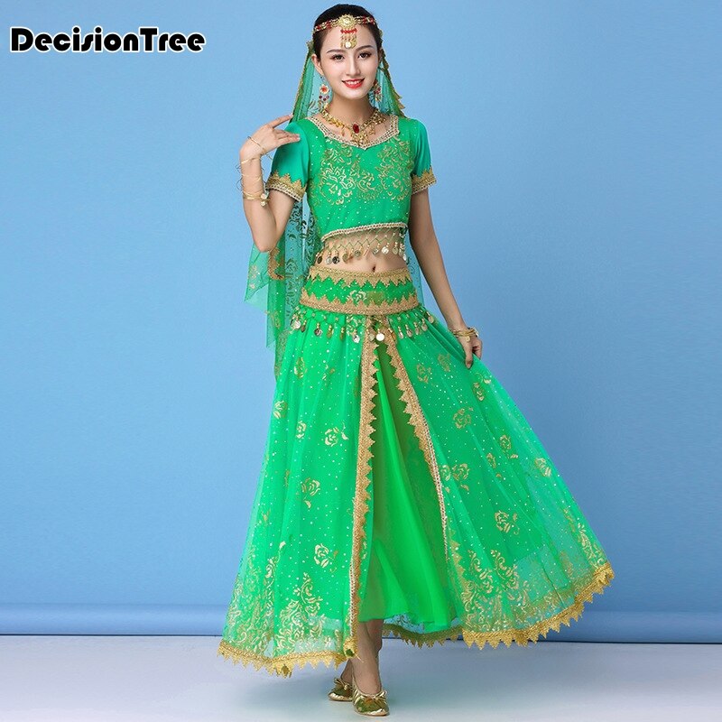vêtements de danse femmes performance indien sari tenue bollywood danse du ventre costumes ensemble haut + ceinture + jupe + voile + casque