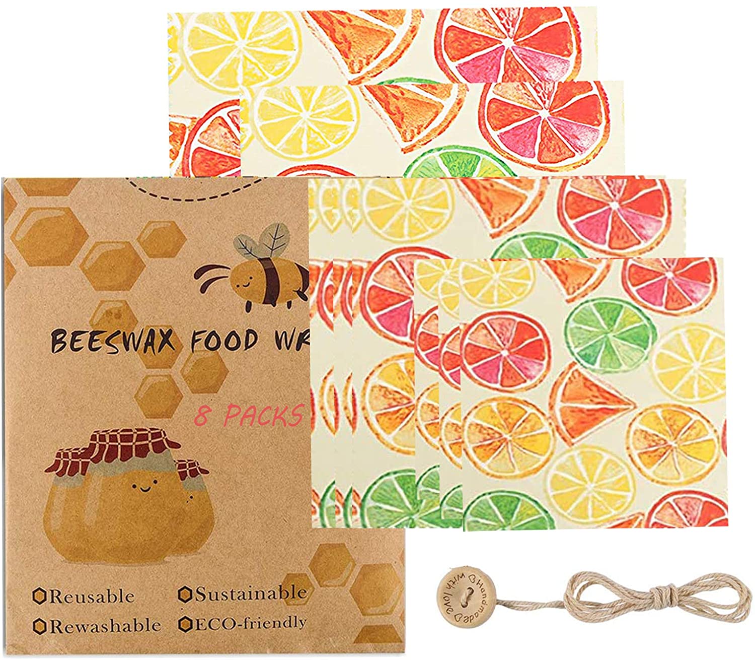 Anjielosmart Reusable Food Wraps Roll custom food wrapping Wrap Eco Friendly Sustainable beeswax wrap for Food Storage: 8pcs Lemon