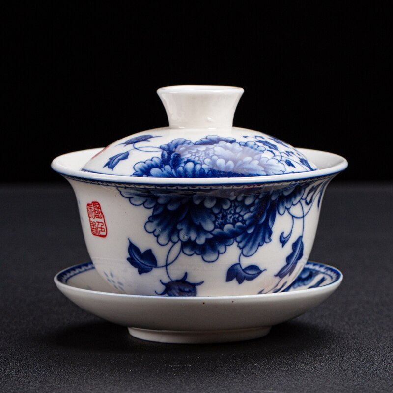 Porcelaine chinoise bleu-blanc gaiwan imprimé floral | Sous la soupière glaçure, tasse, bol, soucoupe, couvercle 150ml en