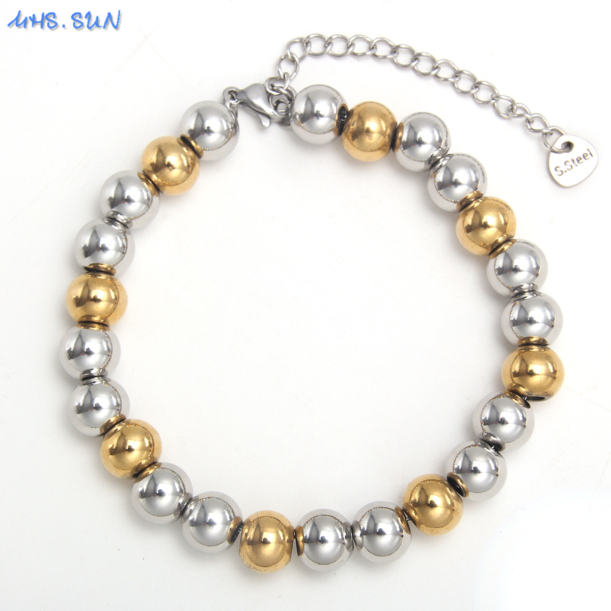 MHS.SUN-pulsera de cuentas lisas impermeable, brazalete ajustable de bolas redondas de acero inoxidable, Color dorado y plateado, joyería de Unisex: Chapado en platino