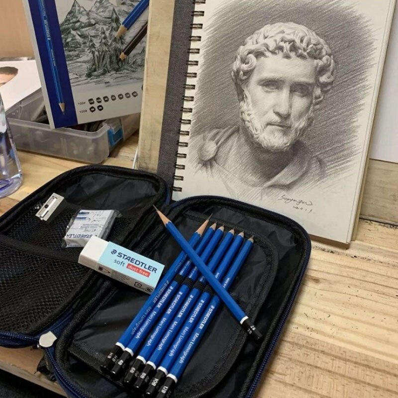 Staedtler 100 SET3 Sketching Pencils Blue Black Body with Erasers Sharpener Drawing Designing Art Set
