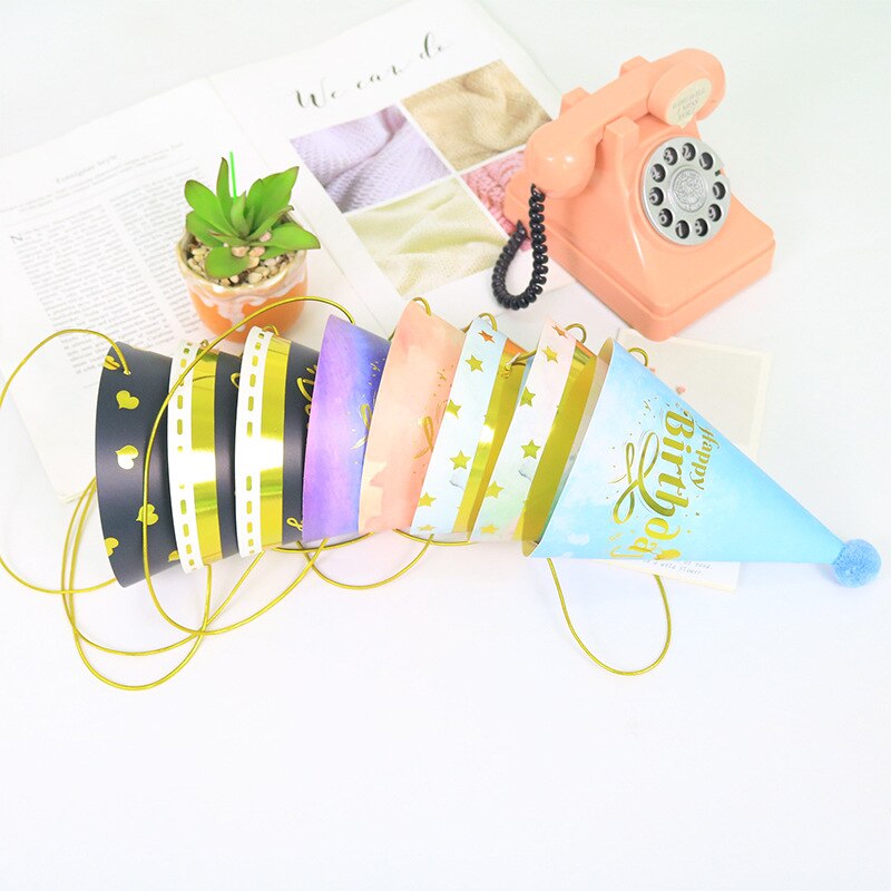 Happy Birthday Party Hats Colorful Paper Cap With Wool Ball First Birthday Hats Child Princess Crown Party Supplies Baby Shower