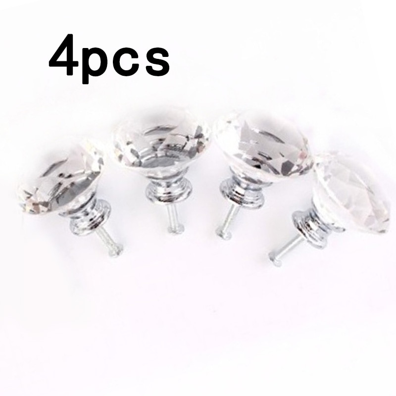4Pcs 40mm Clear Diamond Crystal Glass Pull Handle Cabinet Drawer Door Knobs