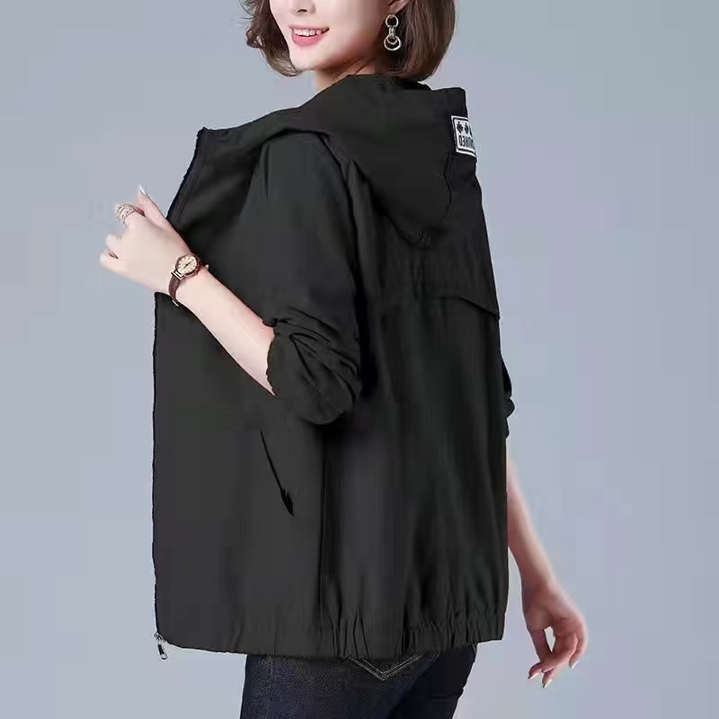 Women’s Jacket Autumn Long Sleeve Casual Windbreaker Famale Hooded Pocket Zipper Bomber Jacket Loose Outerwear 6XL: L / black