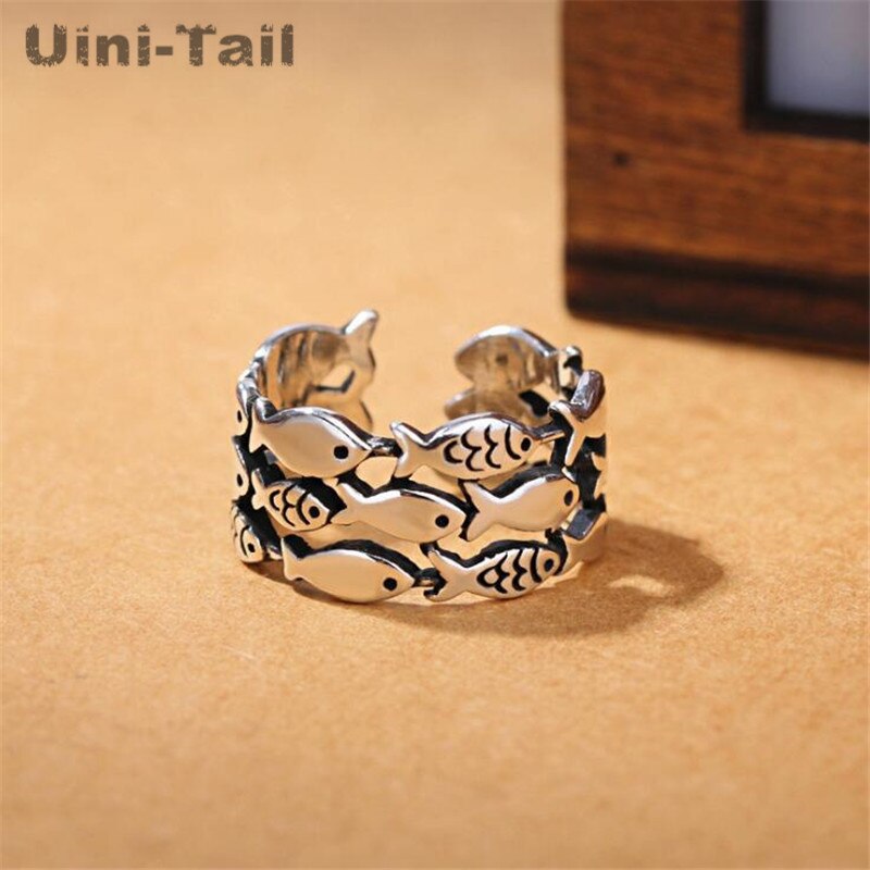Uini-coda caldo nuovo 925 sterlina d'argento retrò gruppo di piccoli modelli di pesce anello aperto femminile Tailandese argento ampia-Fronte anello GN398