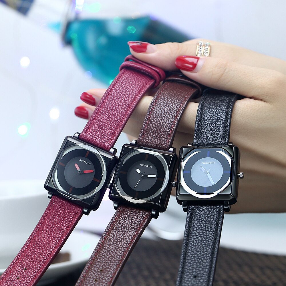 Reloj REBIRTH para mujer, relojes cuadrados de pulsera para mujer de la mejor , relojes de pulsera de cristal de cuero contraído, relojes de pulsera de cuarzo para mujer, reloj relog