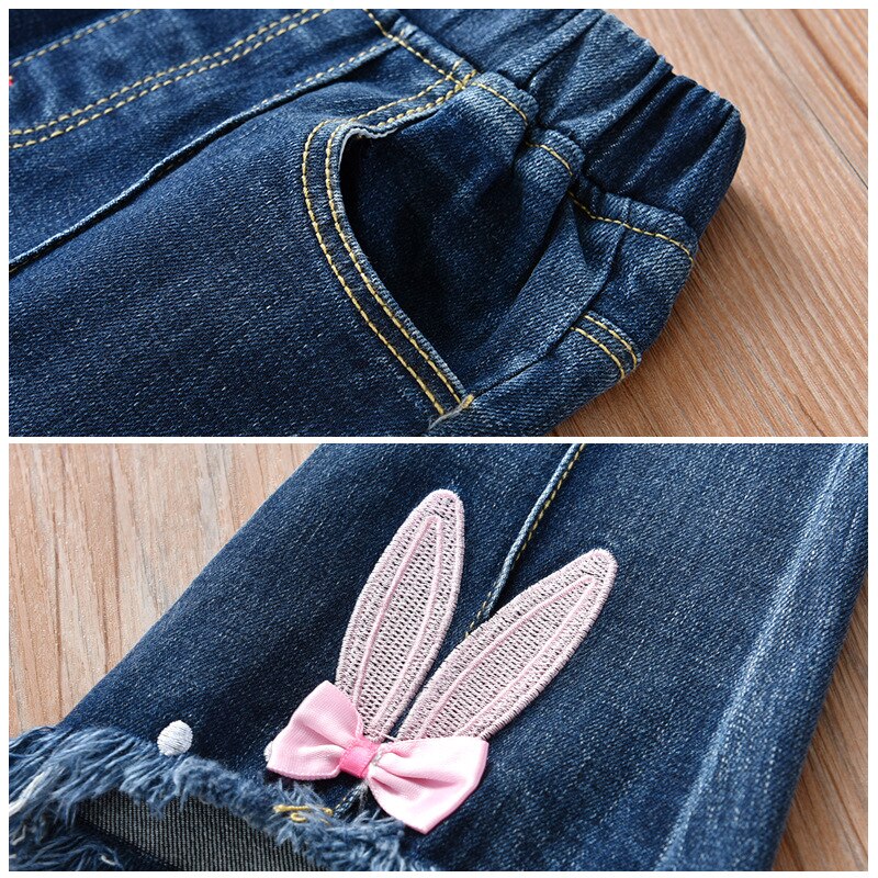 Lente Herfst Baby Meisjes Jeans Koreaanse Kids Meisjes Boot Cut Broek Leuke Konijnenoren Boog-Knoop jeans Broek Voor Kind