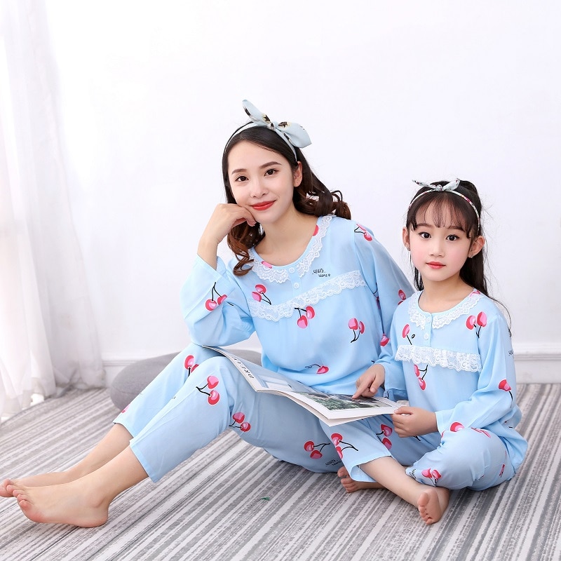 Spring and Summer Family Matching Pajamas Mom Daughter Outfits Sleepwear Long Sleevs Shirts+pants 2pcs/set Twins Baby Clothing
