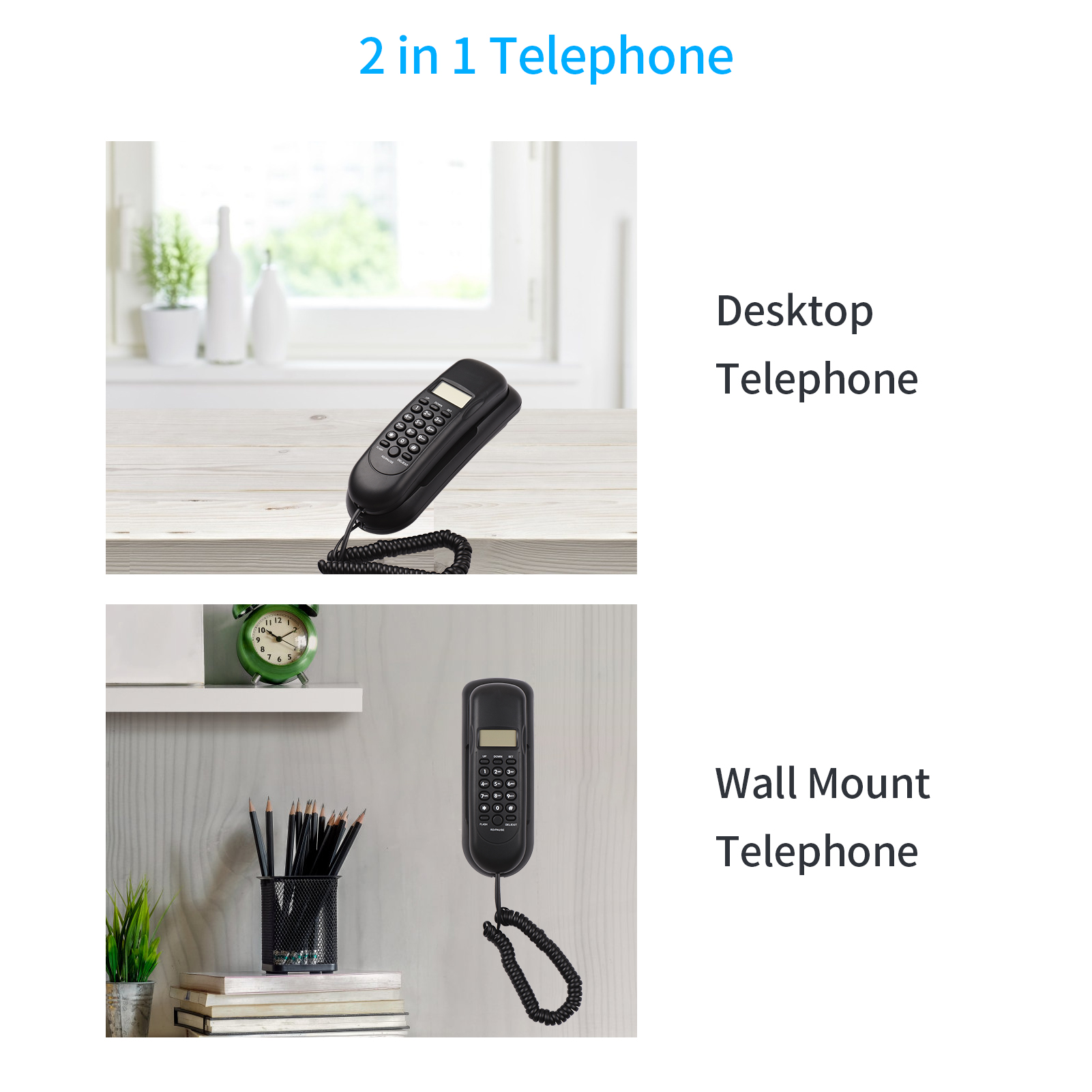 Corded Phone Desk Landline Fixed Telephone Wall Mount Support Redial/Pause/16 Digit LCD Display for Home Office Company