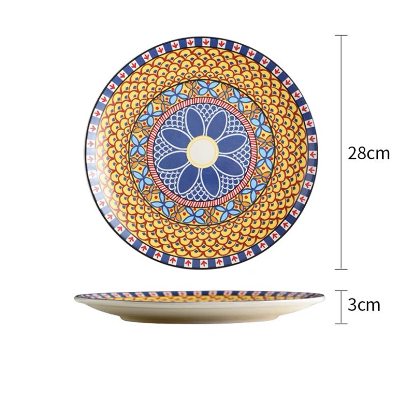 European Style Ceramic Bohemian Dinner Plate Hand Painted Dessert Fruit Plates Household Shallow Steak Dish Tableware: 11 inch B