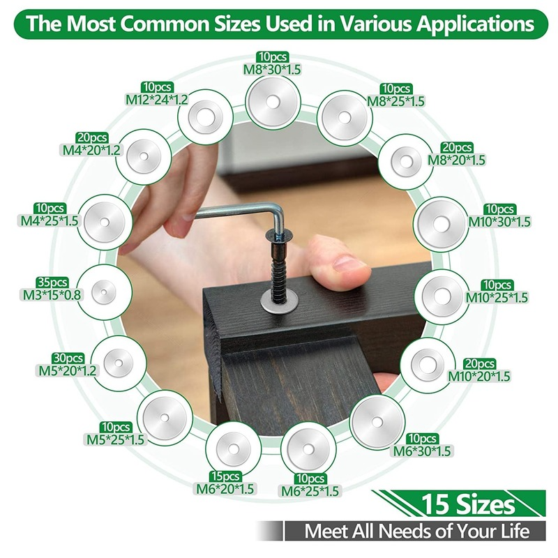 230Pcs 304 Roestvrij Staal Grote Spatbord Ringen Assortiment Kit 15 Maten-M3 M4 M5 M6 M8 M10 M12 vergroot Platte Ring