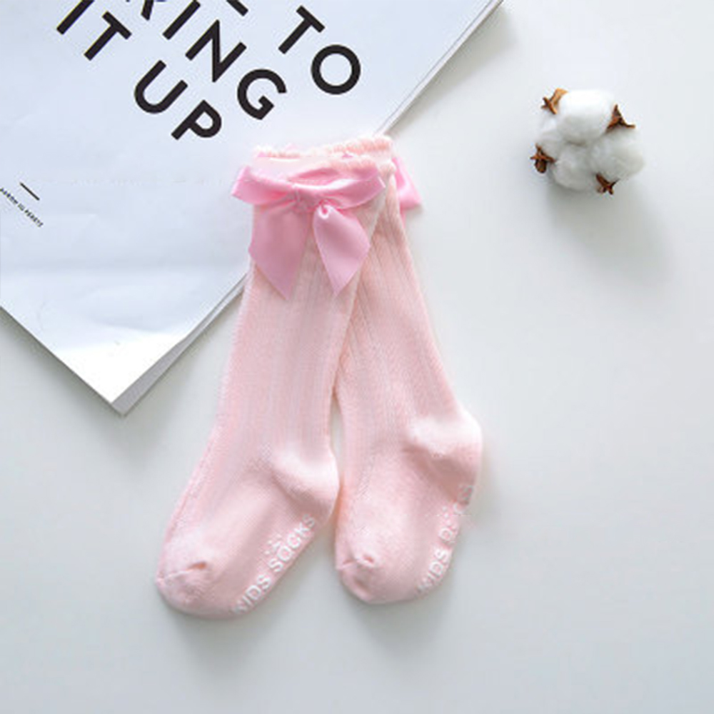 Baby Little Girls Breathable Socks Cute Bowknot Knee High Children Tube Socks Bows Solid Color Kids Socks: Roze / 0-1 year
