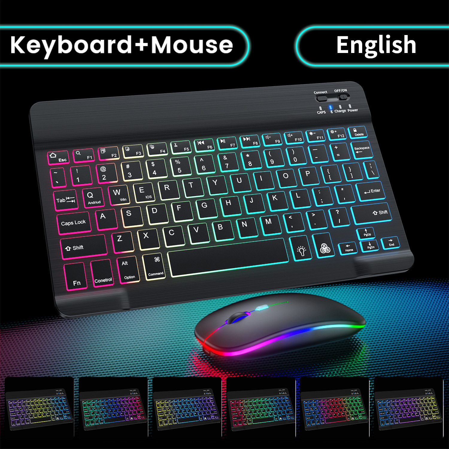 Rgb bluetooth keyboard and mouse set, wireless mini keyboard and mouse set, rechargeable russian keyboards , 25,4 cm,  for ipad tablet: Gold