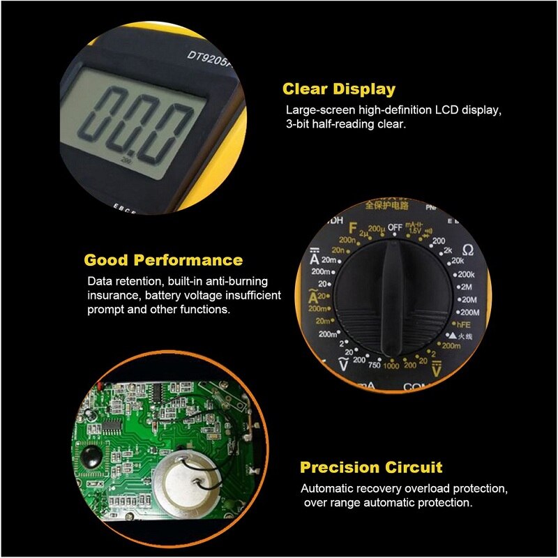 Dt9205a handheld multímetro digital 1999 contagens ac/dc tensão atual resistência medidor teste capacitância diodo tester