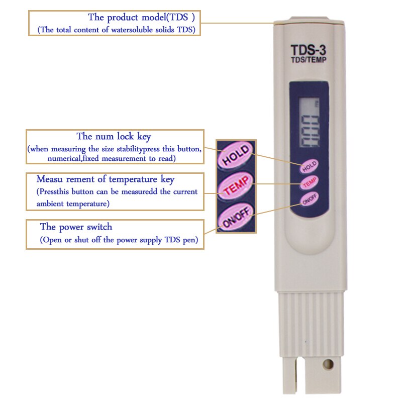 Pen Portable Digital TDS Meter Filter Measuring Water Purity Tester calibrate by HOLD TEMP BOTTON