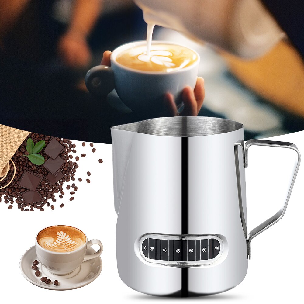 Rustfrit stål mælkeskummende kande med termometer 600ml piske mælkeskum kande espresso kaffe mælkeskummer kop kande maskine