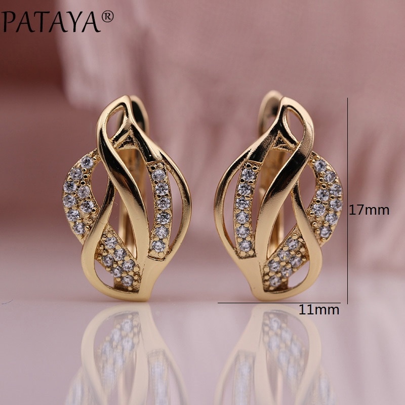 PATAYA Leaf Shape Hollow Earring 585 Rose Gold Women Cute Fine Party Jewelry White Round Natural Zircon Earring