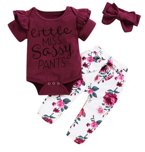 Baby zomer 3 -delige set babymeisjes jongens letter bloemen ruches korte mouwen romper top + broek + hoofdband: A / 24m