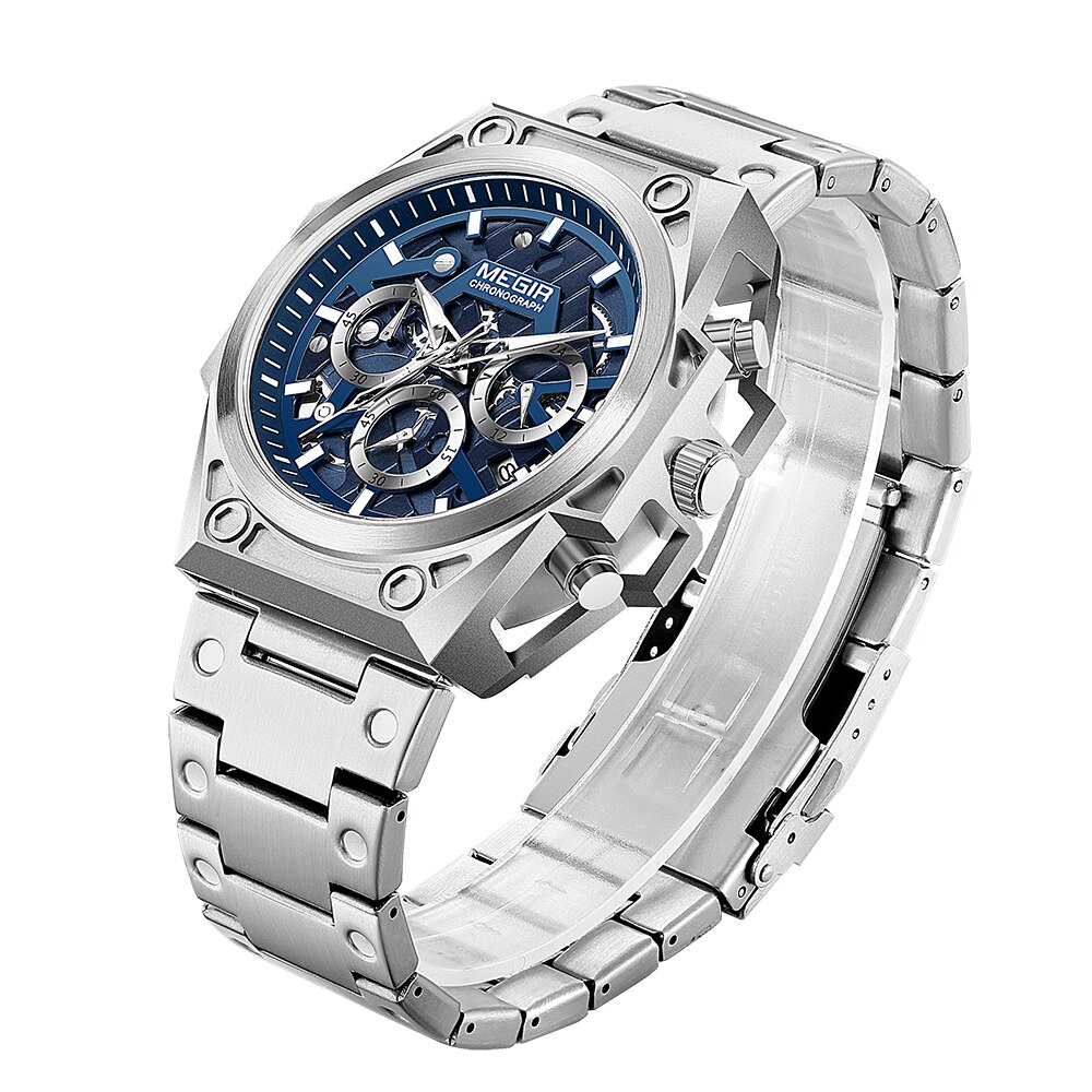 Megir Rvs Heren Horloges Waterdicht Sport Mannen Quartz Horloges Chronograaf Stop Horloges Voor Man Man Klokuur: Silver Blue(steel)