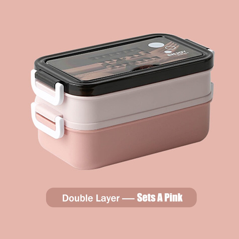 Double Layer Lunch Box Bento Box With Soup Bowl Leak-Proof Bento Box Dinnerware Set Microwave Adult Kids Office Food Storage Box: Sets A Pink