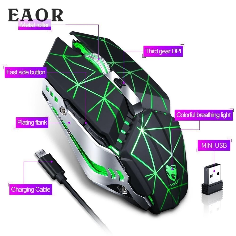 for T-wolf Q15 USB Wireless Mouse Charging Silent Mute Light Touch Wheel Gaming Mouse Star Black