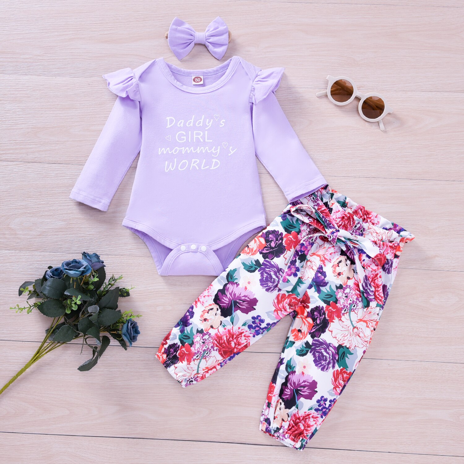 3 -teiliges herbst-Baby-mädchen-einstellen: strampler mit buchstabenmuster, oberteil, geblümter Schlauch, stirnband, lässiges baumwoll-Outfit