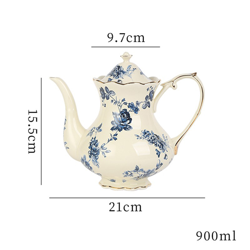 Vintage Blue Teapot Tea Cup Set Rose Ceramic English Country Coffee Cup Saucer Pot Classical Home Kitchen Dessert Cake Plate: Blue Pot