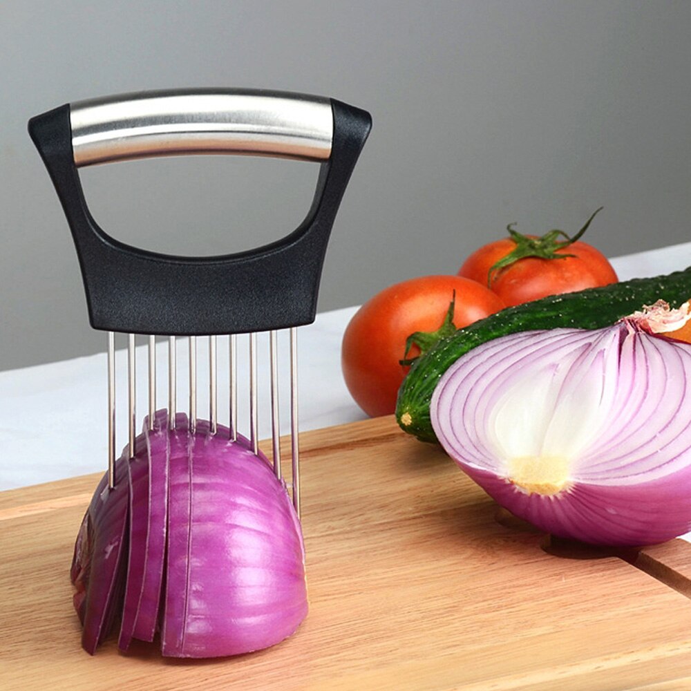 Rostfritt stål lökskärare lök gaffel frukt grönsaker skärare skivare tomatskärare kniv skär säker hjälpmedelshållare köksredskap