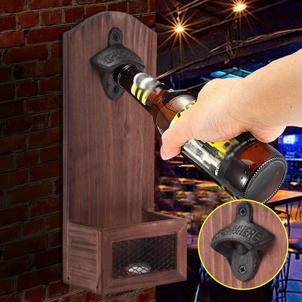 Wall Mounted Bottle Opener Wooden Refrigerator Mount Home Decor Fathers Day Wood Bottle Opening Board Beer Opener Cap