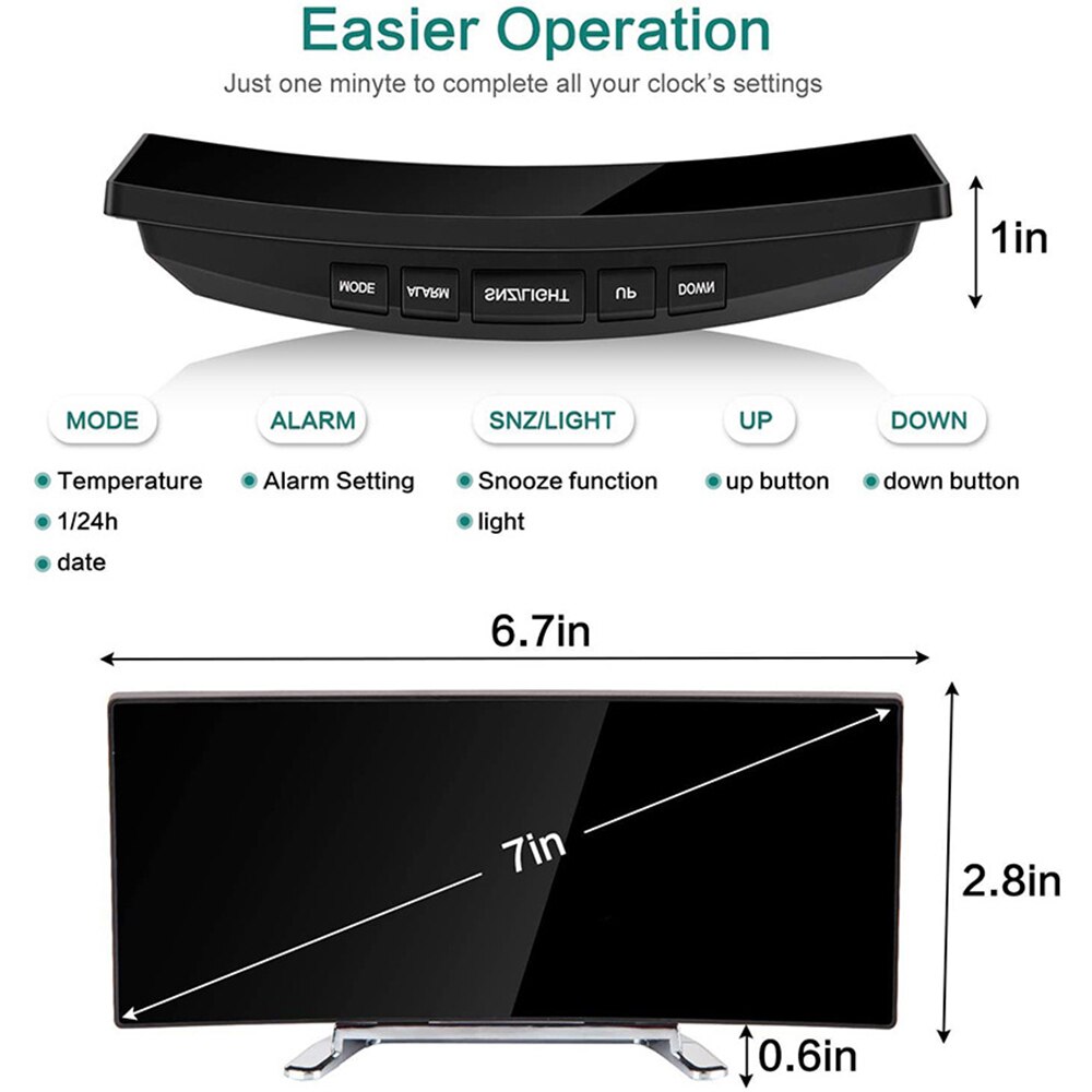 Digital Black Alarm Clock 7 Inch Curved Dimmable LED Digital Clock for Kids Bedroom Green Large Number Clock Lightweight