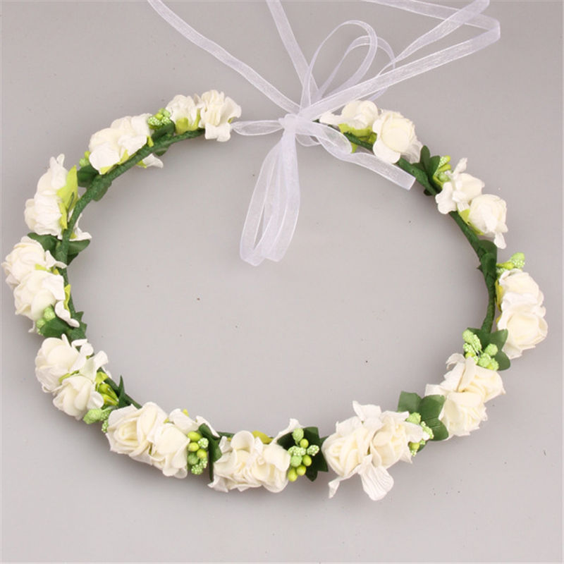 Women Wedding Artificial Flower Wreath Handmade Fabric Adjustable Wreath Head wear Flower Crown Bride Hair Accessories: white