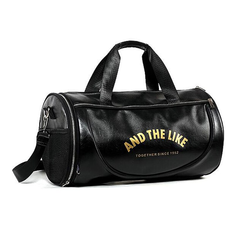 Leather Men/Women Sport Gym Bags Crossbody Fitness Bag Travel Handbag Waterproof Gym Yoga Tote sac sport bolsa: Black with Gold Logo