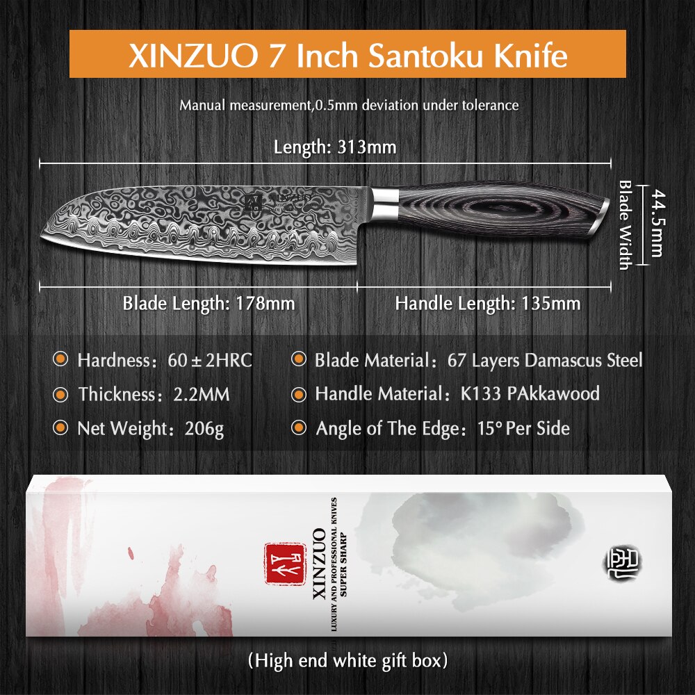 XINZUO 7"inch Japanese Chef's Knife 67 layer High Carbon Damascus Steel Kitchen Knives with Pakka Wood Handle Meat Santoku Knife