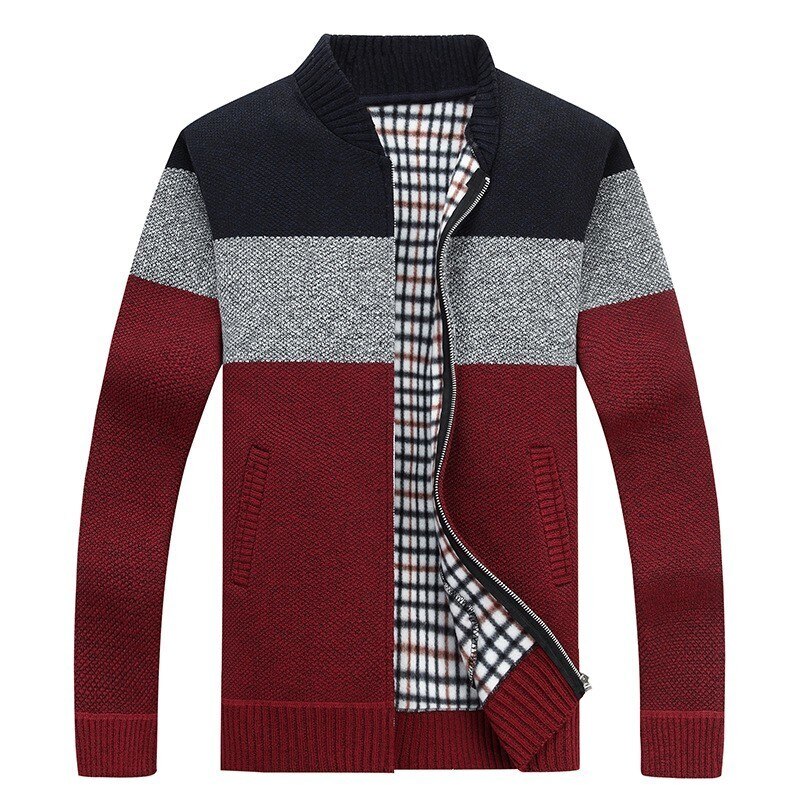 Herfst heren dikke sweaterjas gestreepte staande kraag rits trui jas bovenkleding winter fleece kasjmier voering truien: Rood / Ik