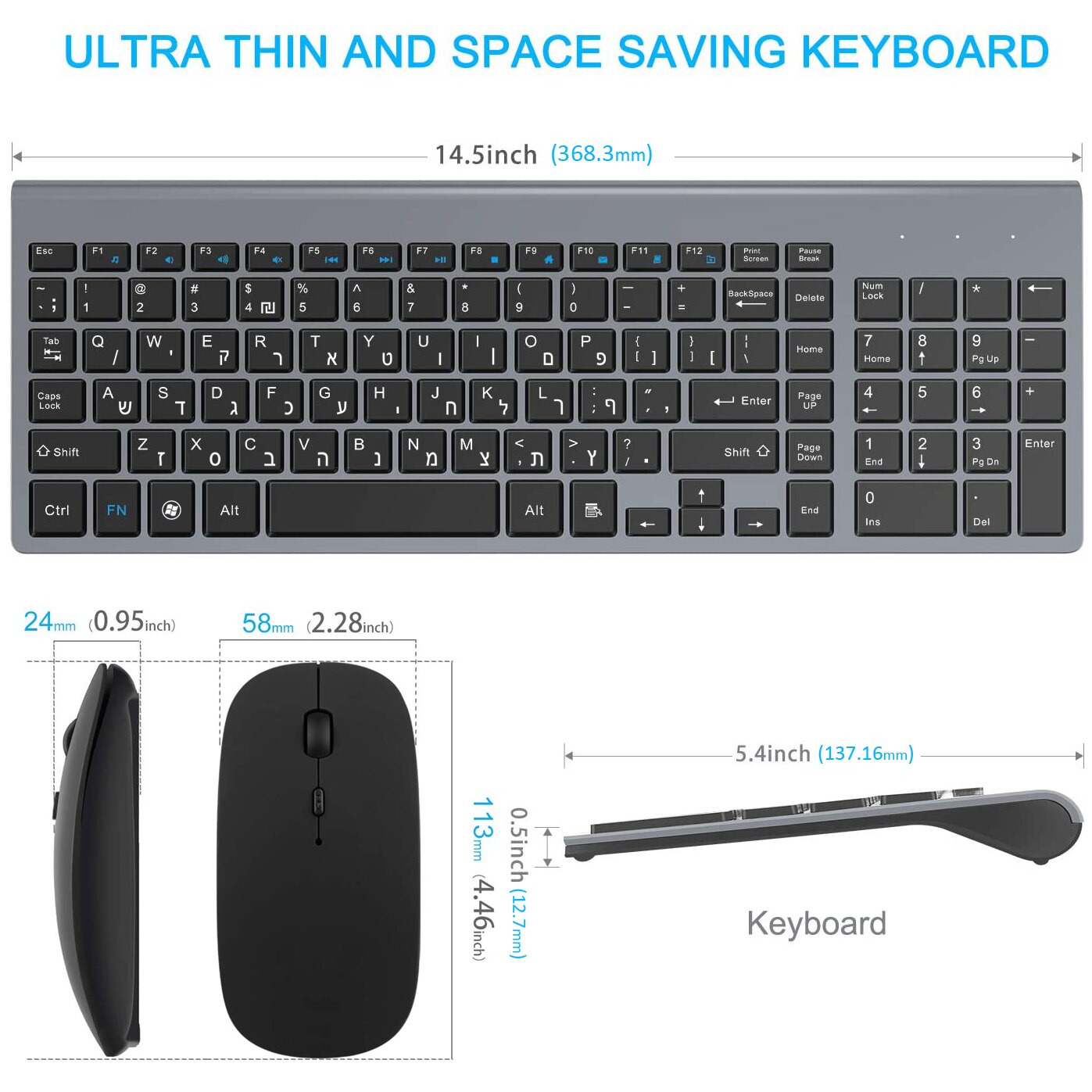 Hebrew Israel Wireless Keyboard Mouse Combos Ultra-Thin Multimedia Full-Size Keyboard and Mouse Low Noise for Notebook Laptop