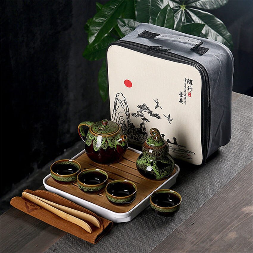 Portable Kung Fu Tea Set Ceramic Chinese Teapot Porcelain Teaset Gaiwan Tea Cups of Tea Ceremony Tea Pot With Travel Bag: Green