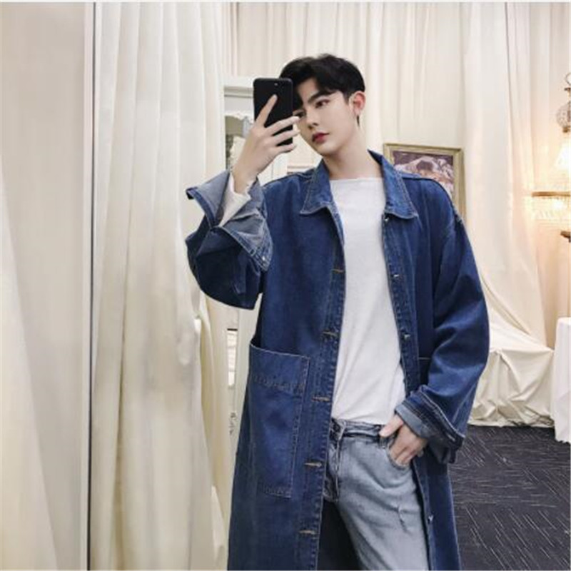 Mannen Lange Casual Denim Trenchcoat Streetwear Hip Hop Mode Losse Cowboy Vest Jas Mannelijke Jean Windbreaker Overjas