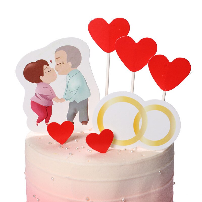 Romantic Love Heart Shaped Lovers Cake Topper Valentine's Day Theme Wedding Anniversary Cake Decoration Party Supplies: old couple