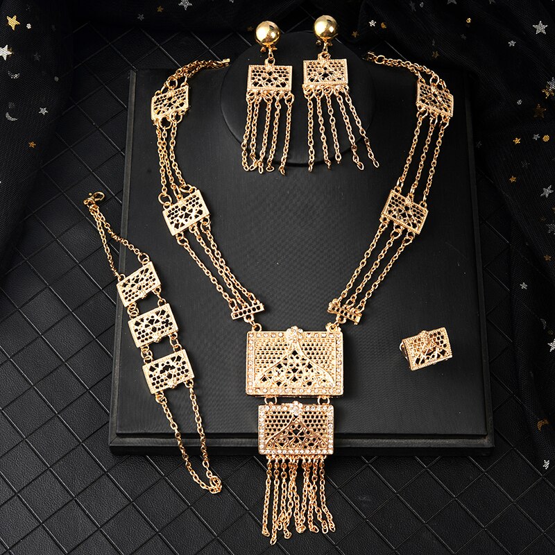 Dubai Saudi Arabia Gold Jewelry Sets for Women Luxury Tassels Bridal Jewelry Sets Geometric Necklace Muslim Sets: Default Title