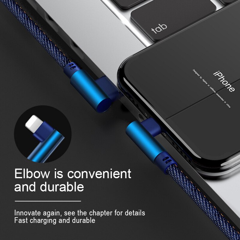 !ACCEZZ 90 Degree Denim USB Charge Cable For iPhone X XS MAX XR 8 7 6 6S 5S Plus Lighting Charging Data Cable For Ipad Mini 1 2M