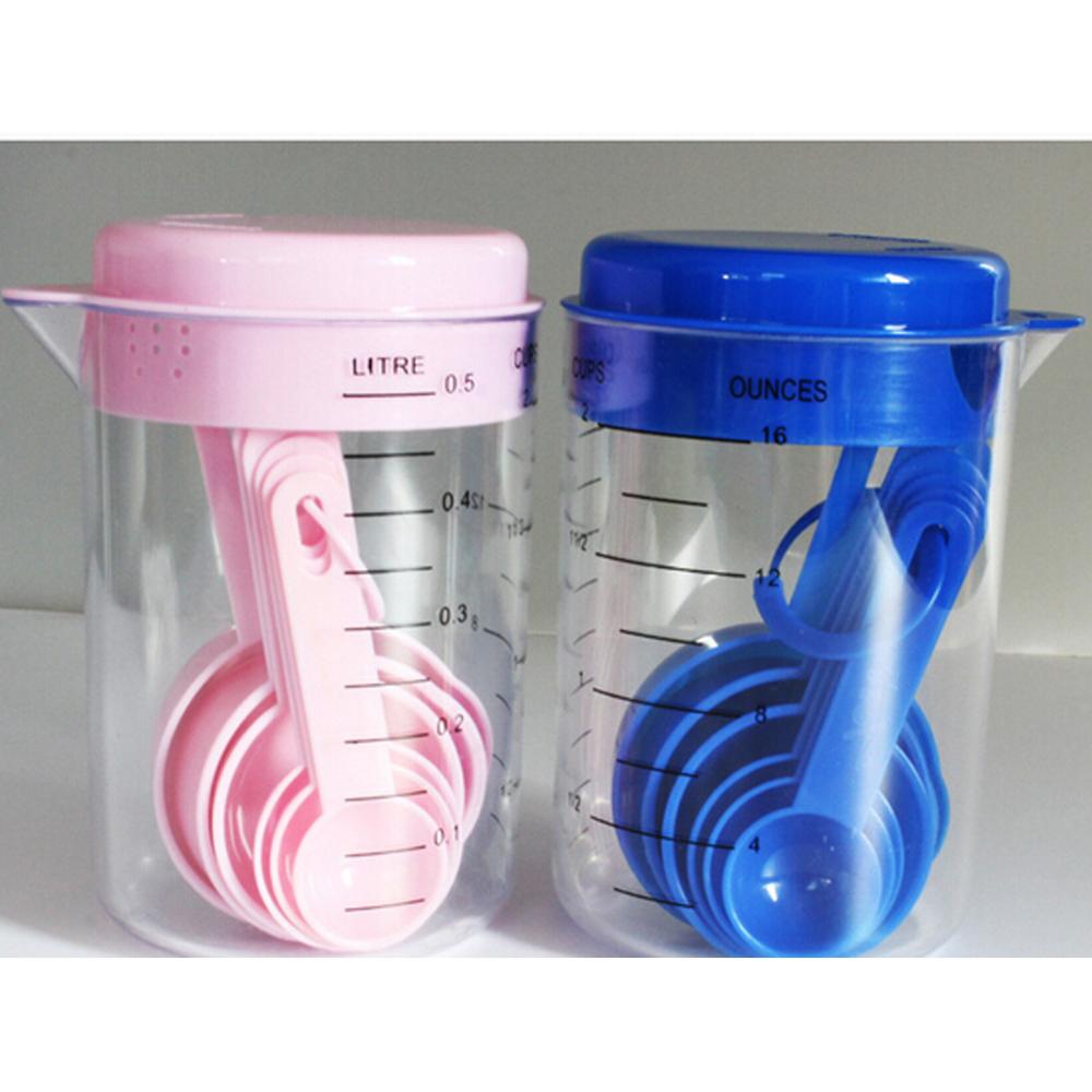 Measuring Cup Container with Spout and Stackable Spoons Set, 7pcs Plastic Utensils Set for Baking and Cooking