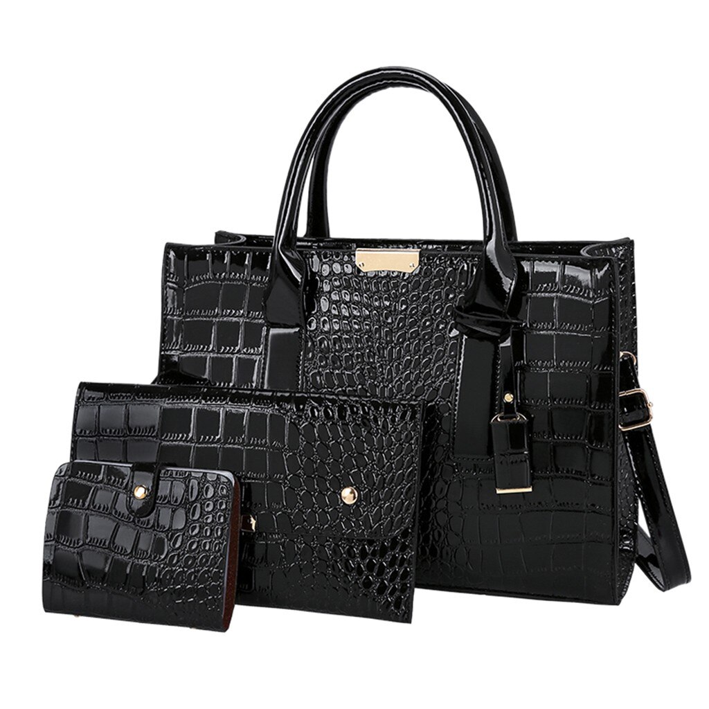 3PCS Bag Set Women's Solid Stone Pattern Leather Handbag Vintage Clutch Wallet Zipper Shoulder Bag Sac A Main: BLACK 