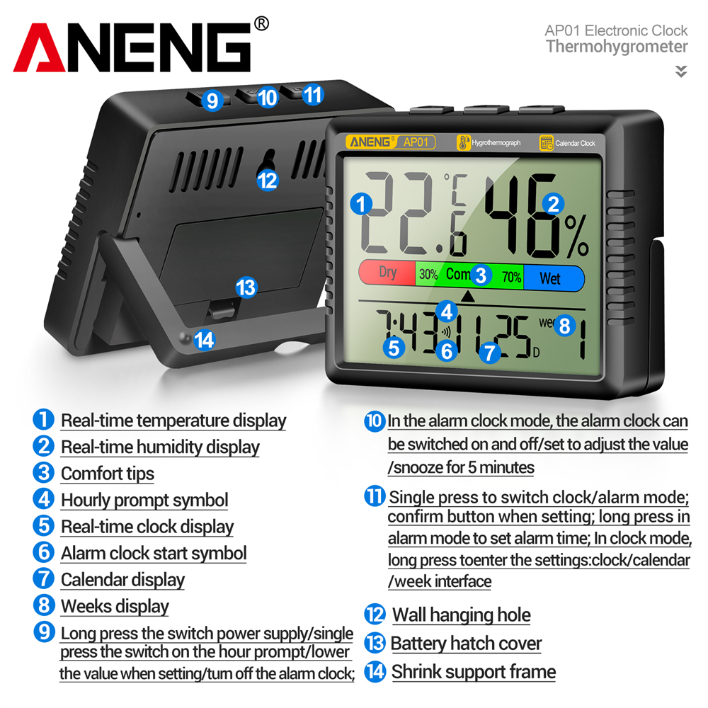 ANENG AP01 LCD Digital Thermometer Hygrometer Indoor Room Temperature Humidity Meter Alarm Clock Weather Station For Home