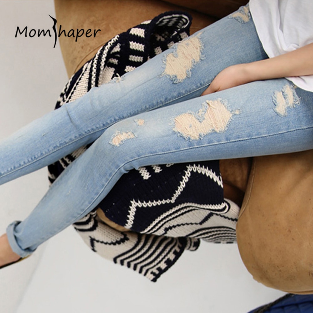Gravid til revet jeans barsel tøj løftet mave bukser elastisk talje gravide ammende bukser graviditet jeans