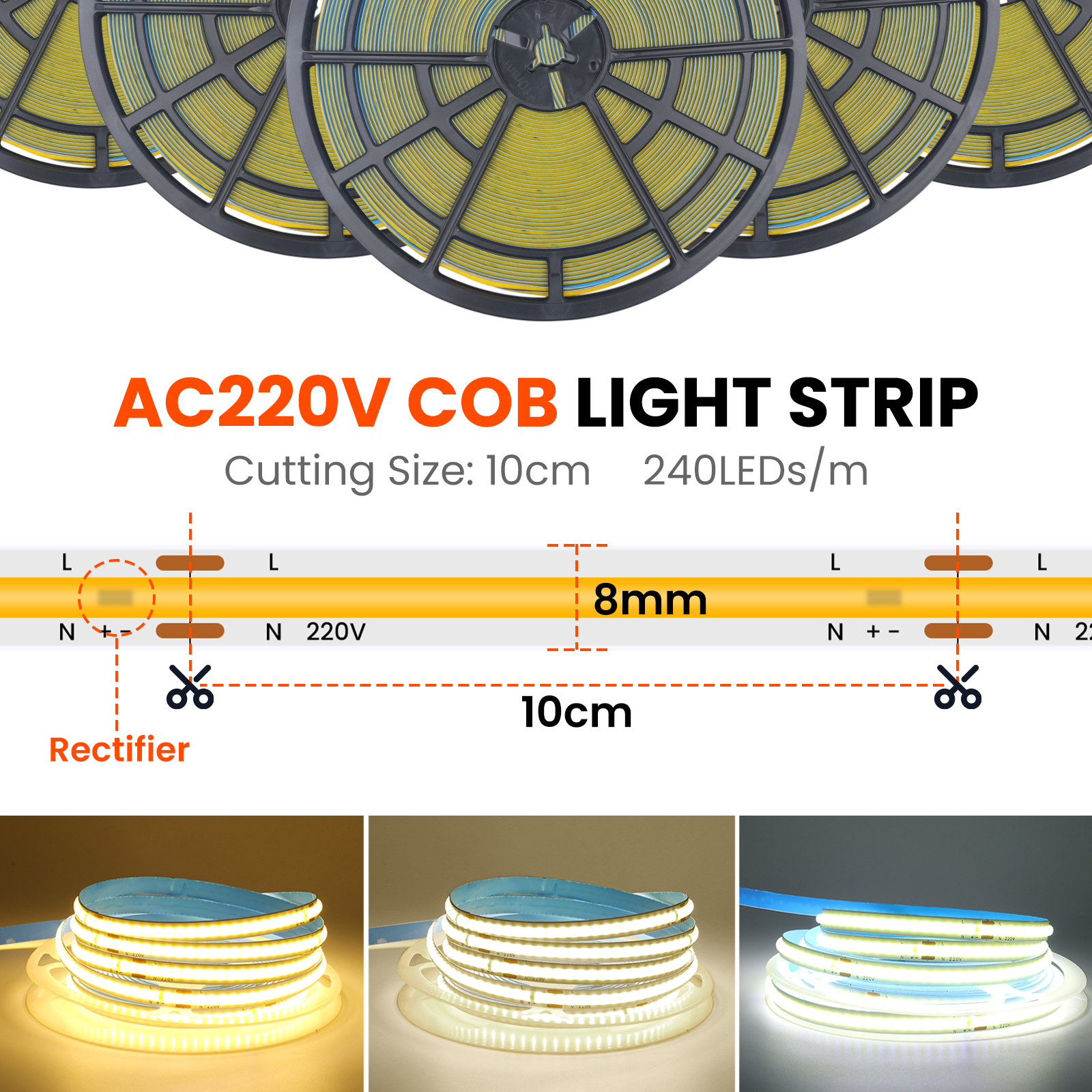 220V 5m 10m 15m 20m 50m COB LED Strip High Density 8mm PCB 240LEDs/m White/Warm White Cuttable and Flexible Ribbon Rope Light