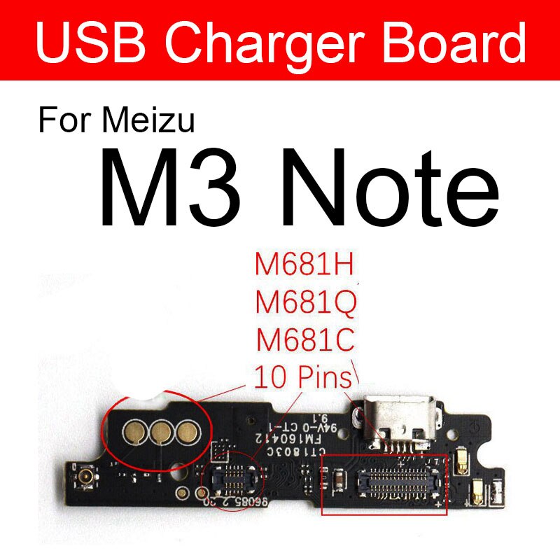 Usb-opladning oplader jack port board til meizu meilan  m1 m2 m3 m3s m5 m5s m6 s6 u10 u20 max note usb stik oplader board: M3 note  m681h