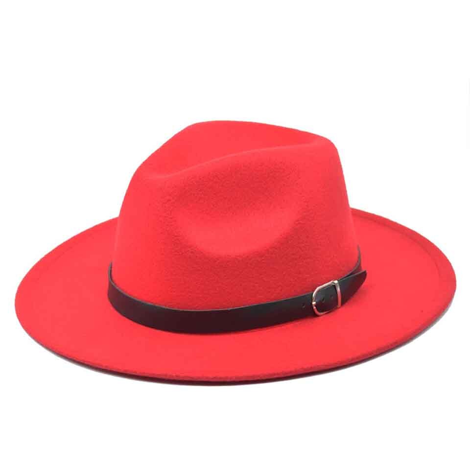 Klassieke Britse Fedora Hoed Brede Rand 8Cm Mannen Vrouwen Imitatie Wollen Winter Vilten Hoeden Mode Jazz Hoed Met Zwarte lederen Gesp: C0200-61