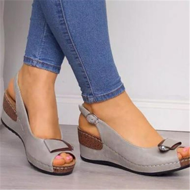 Dames peep toe sandalen dames plateau schoenen dames gesp band wiggen dames naaien dames schoenen plus maat 43: Grijs / 36