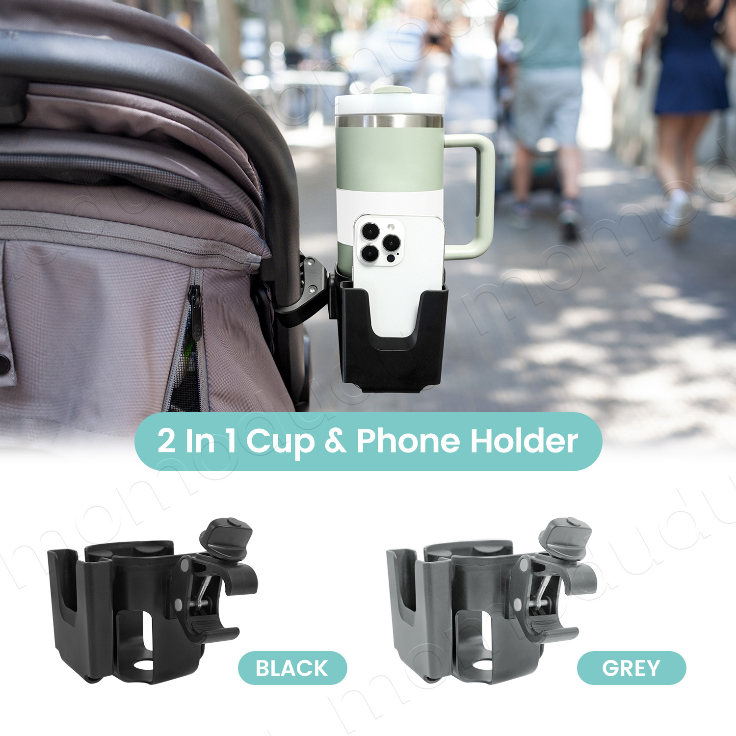 2-in-1 grote universele kinderwagen bekerhouder met telefoonhouder - 360 ° Draaibare verstelbare klem, afneembare standaard